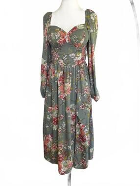 BOG Collective Green Floral Long Sleeve  Midi Dress Size Medium